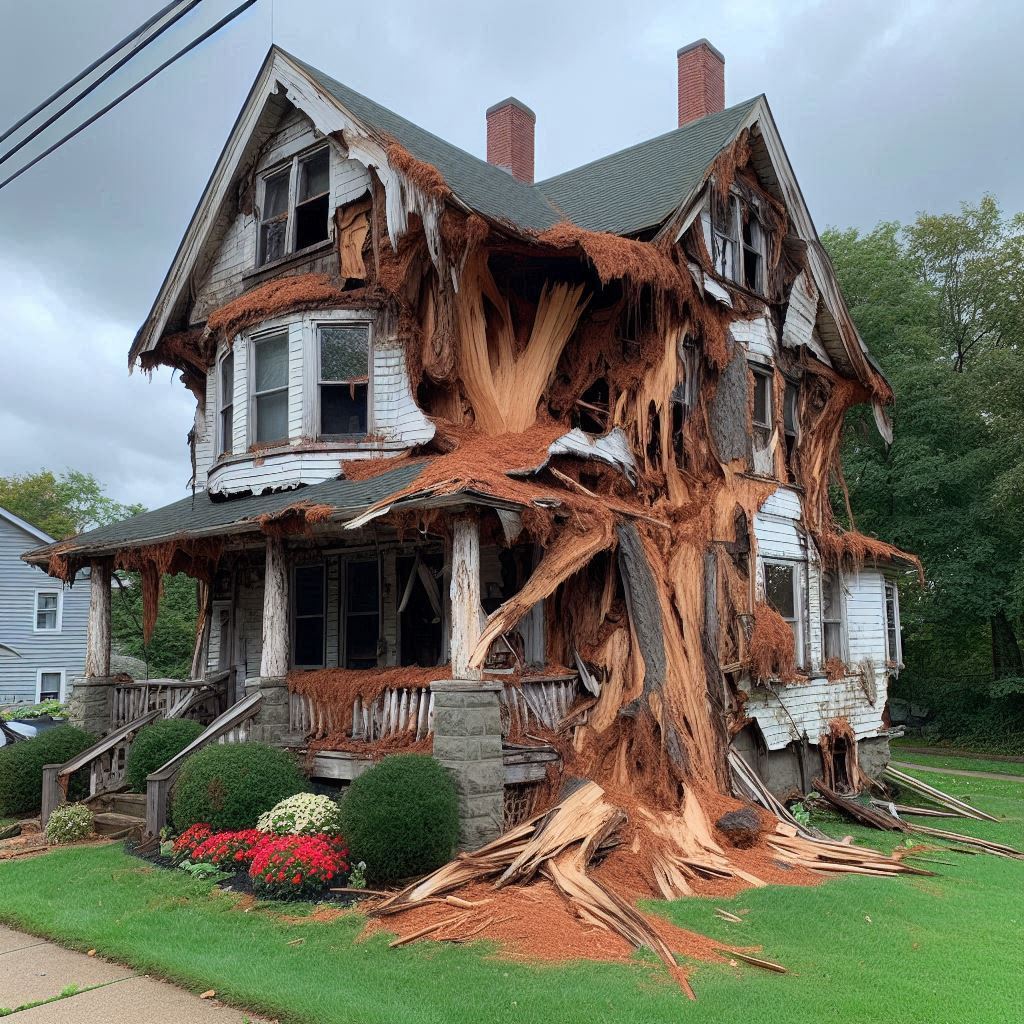 Damaged tree on an Merrimac home showing signs of disease and decay